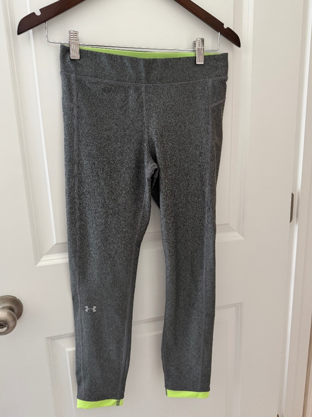 TWO FOR ONE DEAL! Two-tone UA capri leggings, gray with green & black with pink